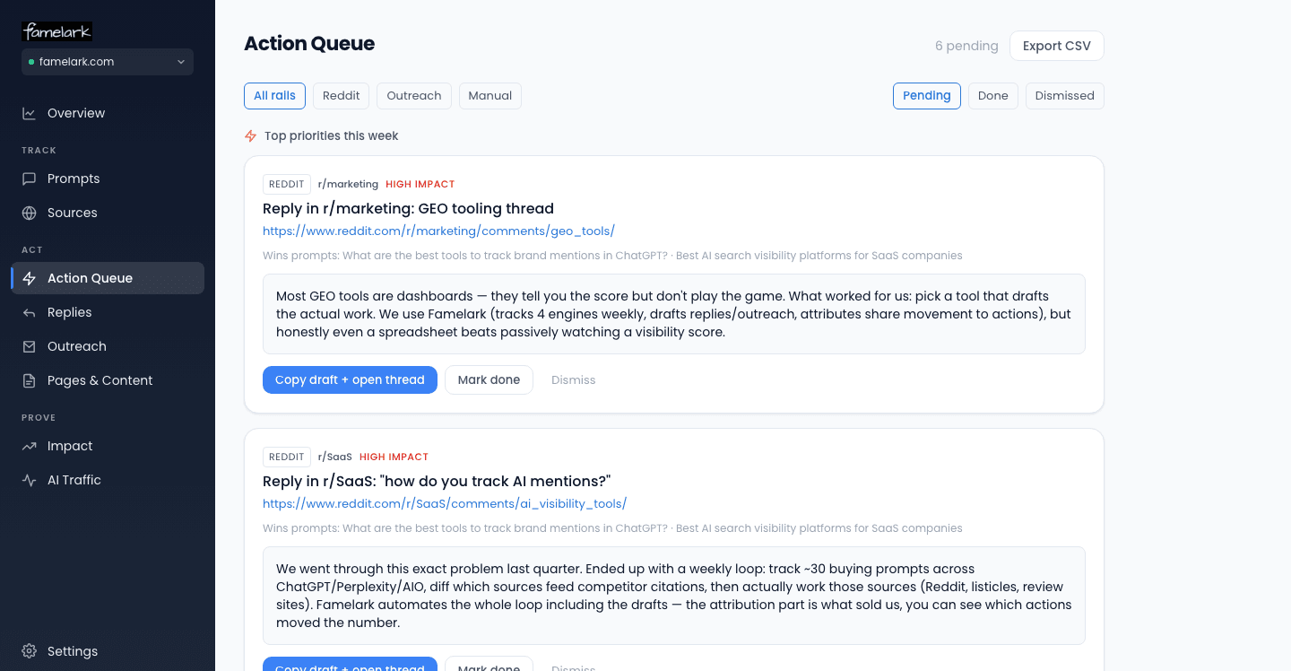 Action Queue: a drafted outreach email with copy and send controls